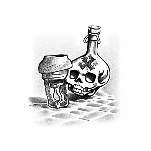 A Skeleton Drinking From A Bottle With A Cross On It