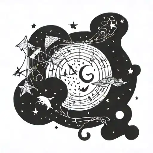 A Cosmic Scene With A Mystical Moon And Stars Intertwined With Musical Notes And Fishing Hooks