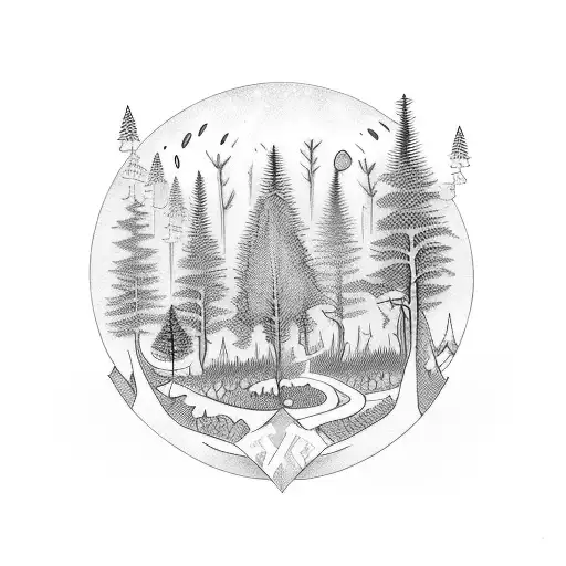 A Blackwork Tattoo Of A Forest With Hidden Mechanical Farm Elements Scattered Throughout The Design