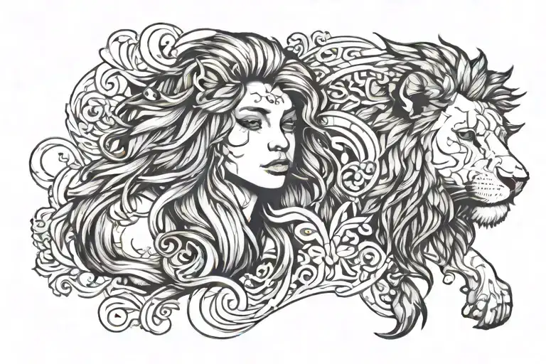 Fineline Girl And A Lion Over Each Other Half