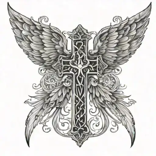 A Cross Adorned With Intricate Angel Wings In A Blackwork Style