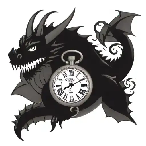 A Dragon Curled Around A Vintage Pocket Watch Surrounded