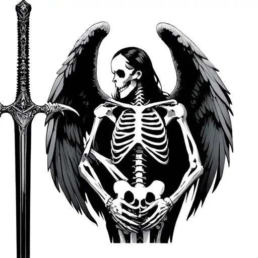 Angel Dark Half Human Half Skeleton Holding Sword With Both Hands In Front Biomechanics