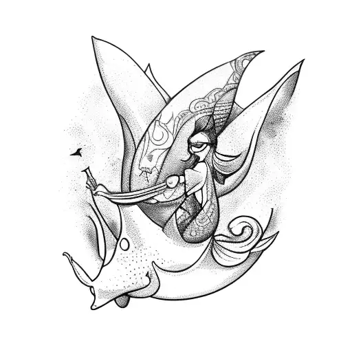 A Sketch-style Tattoo Of A Mermaid Riding A Manta Ray Trying To Catch A Unicorn