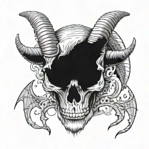 Skull Goat Head With Eye On The Forehead And Bats Behind