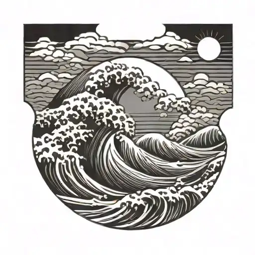 A Wave Pattern With A Sun Setting Over The Water