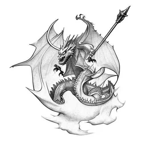 Knight Fighting A Dragon On A Mountain