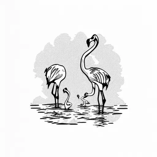 Mom And Baby Flamingos Walking Along The Shoreline