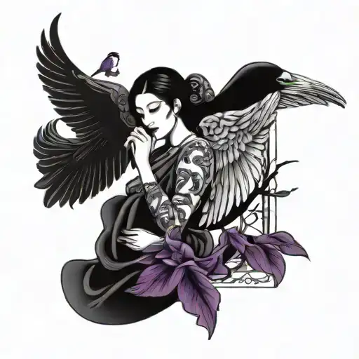 Female Angel With Black Hair With A Purple Bird