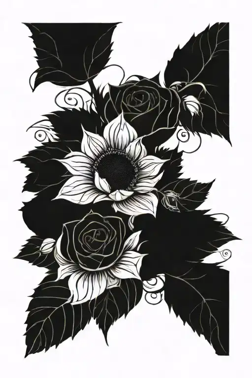 A Beautiful Bouquet Of Roses And Sunflowers Intertwined With Vines And Leaves