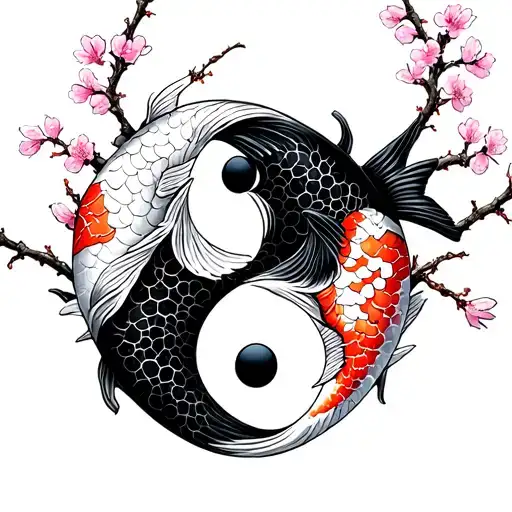 Yin And Yang Koi Fish With Cherry Blossom Branches Going Through It