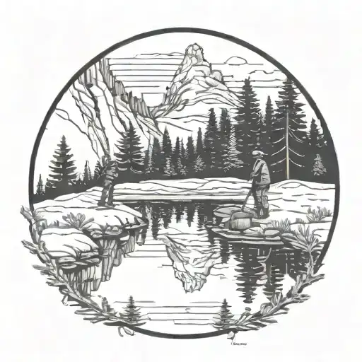 Appalachian Mountains In The Background Withe Pine Trees And A Reflecting Pond With A Man Fishing