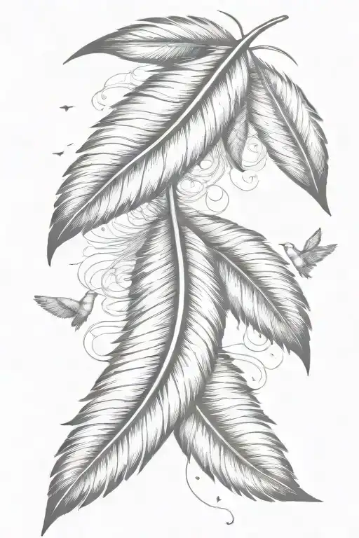 Hanging Feathers With One Longer Feather And Small Birds Flying