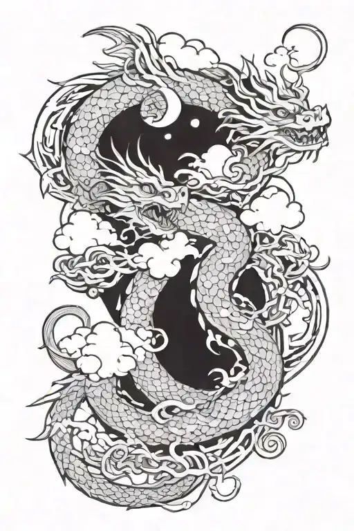 An Intricate Design Of Dragons And Clouds Intertwined Under A Waning Moon