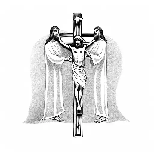 Jesus On The Cross With The 2 Thieves On His Side Highlighting The Good Theif On Jesus Right Side