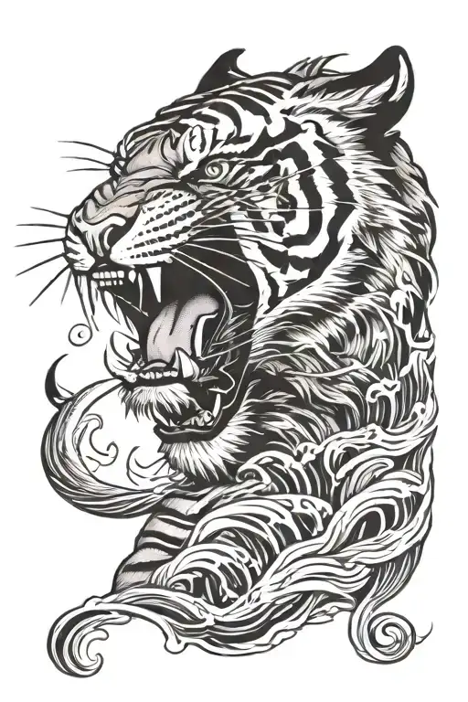 Open Mouth Tiger With Waves