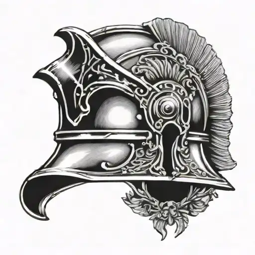 A Roman Helmet With A Black Circle Background And The Helmet's Eyes In Black Ink
