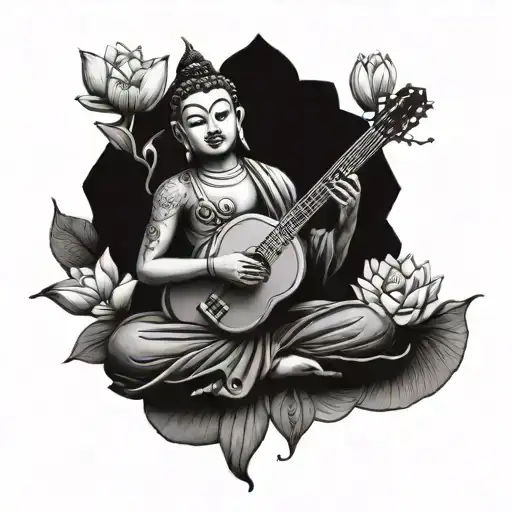 Incorporate A Buddha Statue Playing A Guitar With Lotus Flowers Blooming Around It