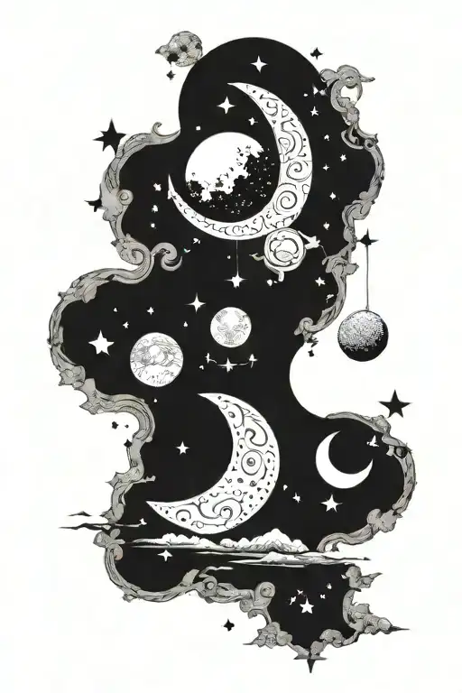 A Celestial Scene Featuring Stars And Moon Phases Intertwined With Intricate 21824500999111 Symbols