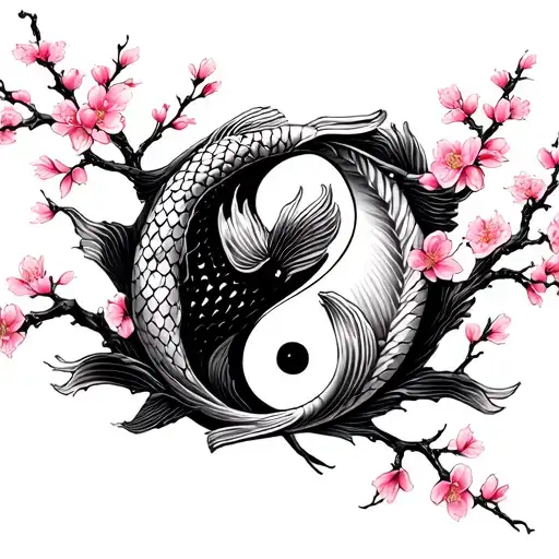 Yin And Yang Koi Fish With Cherry Blossom Branches Going Through It Separate The Koi Fish Though