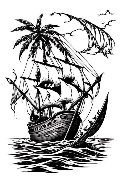 Skull Ship Palm Tree Spear Fishing
