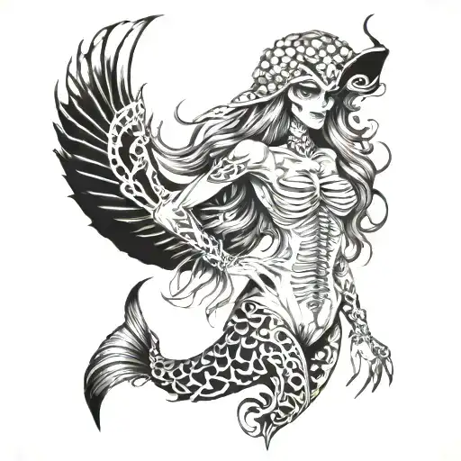 Full Mermaid Tattoo Half Skeleton Demon Half Beautiful