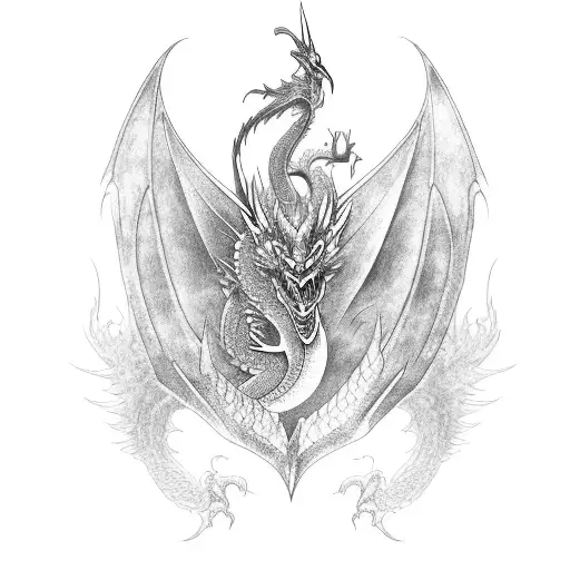Blackwork Design Of A Dragon And Sword With Intricate Wing Details