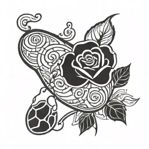 A Stylized Blackwork Tattoo Featuring A Rose Intertwined With A Baby's Footprint And Dog Paw