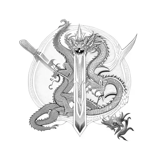 Dragon And Sword Intertwined Within A Labyrinth