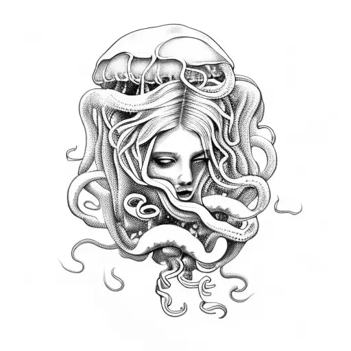 Create A Minimalist Tattoo Of A Jellyfish Medusa With Flowing Tentacles