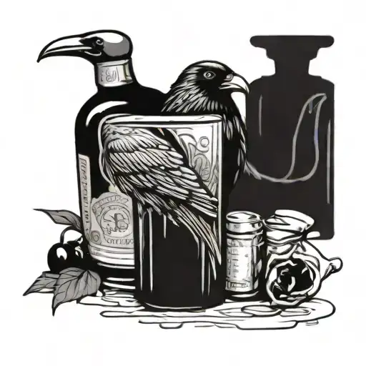 A Bottle Of Whiskey With A Raven Sitting On Top