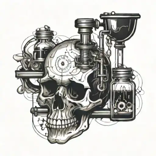 A Skull Design Incorporating Elements Of Chemistry Equipment And Symbols