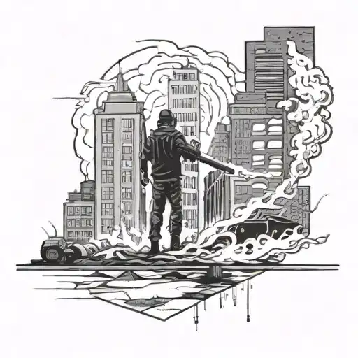 City On Fire With Gunfire In Front With Dead Body On The Floor