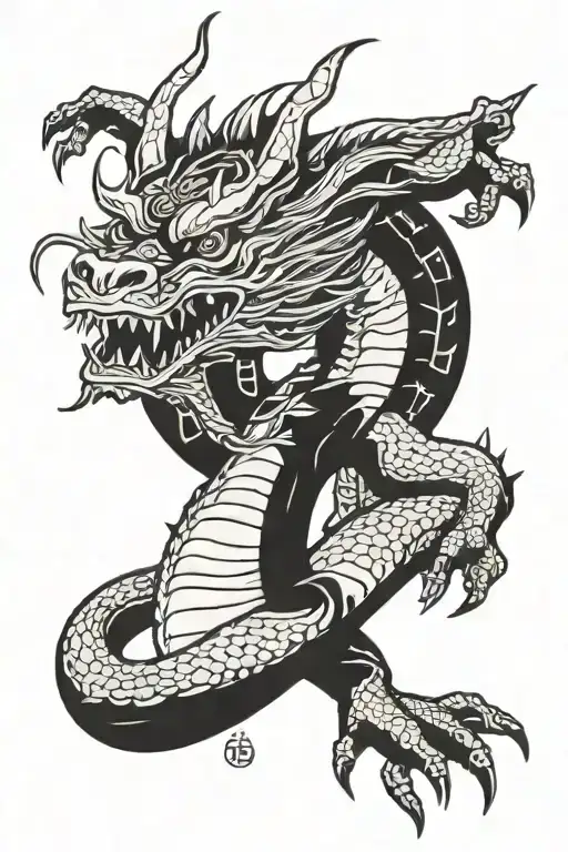 Japanese Dragon Around The Hand With Hieroglyphs