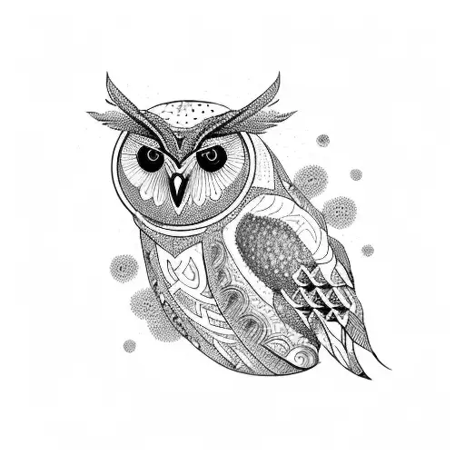 An Owl With Intricate Geometric Patterns And Symbols Inspired By Greek Mythology