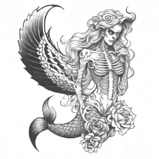 Full Mermaid Tattoo Half Skeleton Demon Half Beautiful