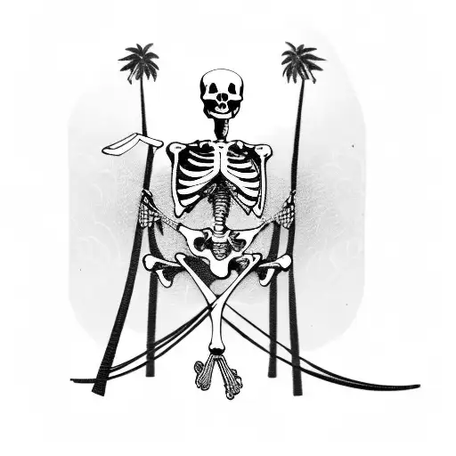 Skeleton In A Hammock Between Two Palm Trees With An Umbrella Drink