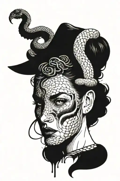 Half Decaying Women Face And Snake Slithering