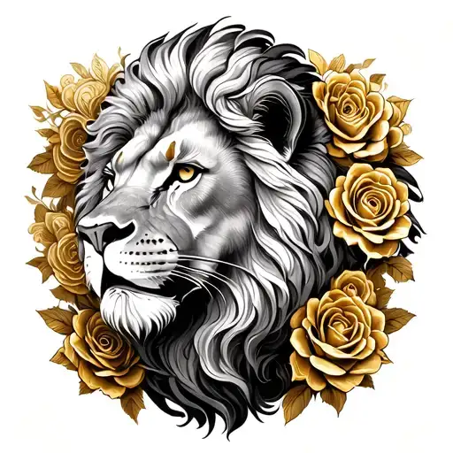 A Majestic Lion Surrounded By Intricate Gold Roses