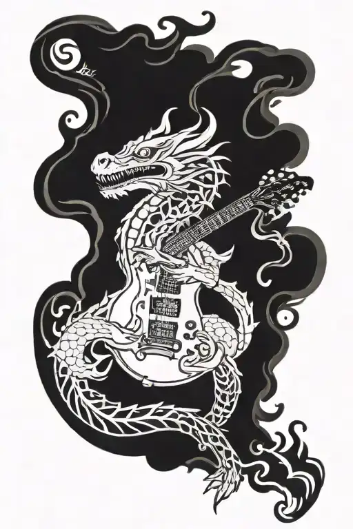 A Black And White Dragon Tattoo Curls Around The Neck Of The Guitar