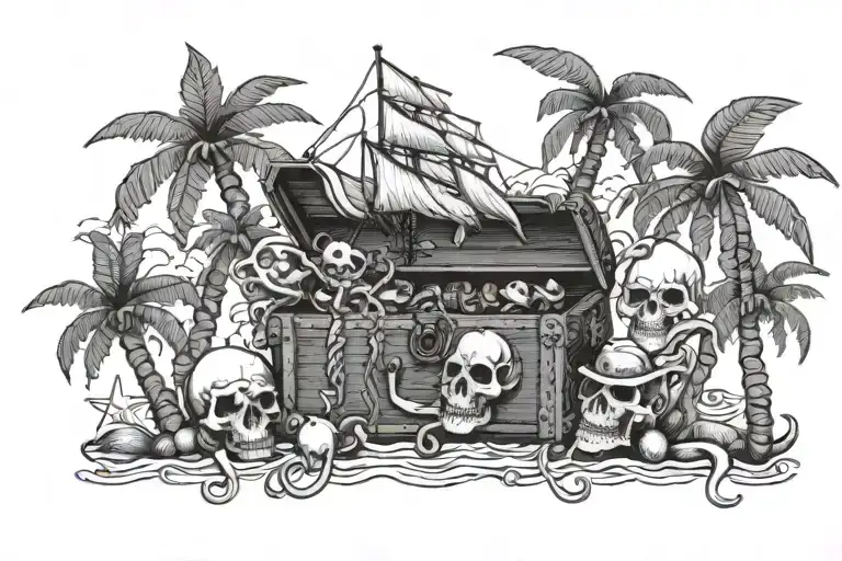 Skulls Pirates Sharks Boats Palm Trees Octopus Treasure Chest