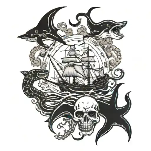 Boats And Skulls Octopus Shark Swimming