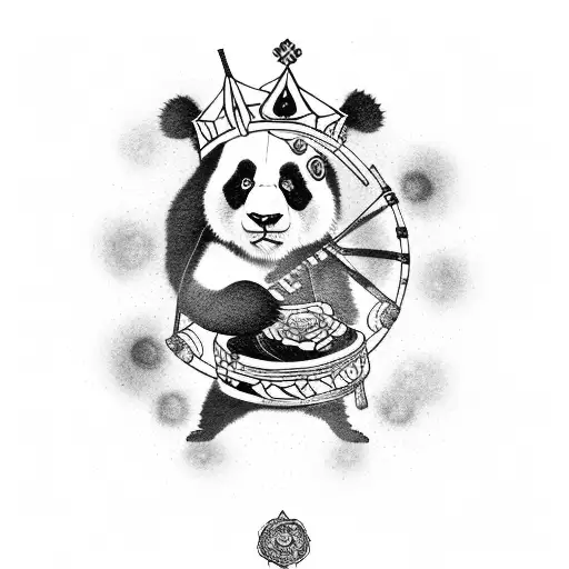 A Neo Traditional Panda Wearing A Gothic Crown And Playing A Drum Made Of Dark Roses
