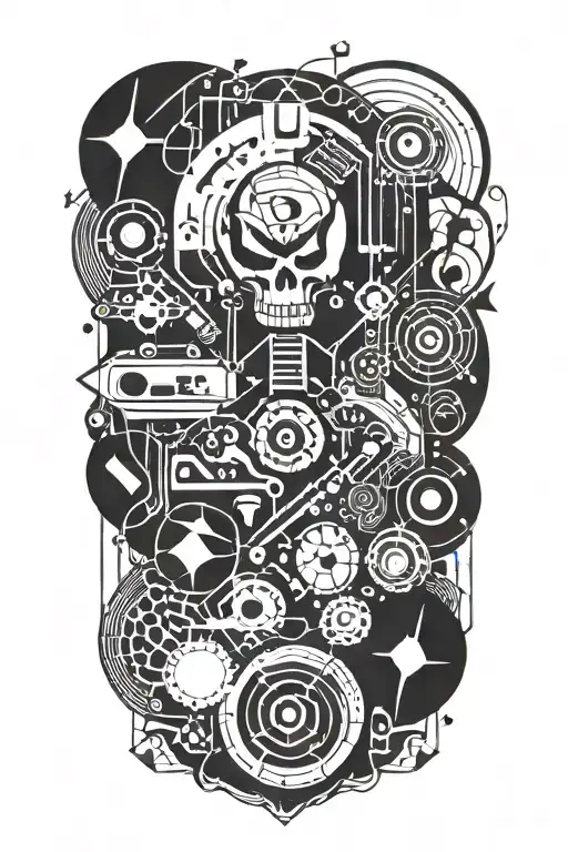 An Abstract Design Combining Electronic Components And Rock Music Symbols
