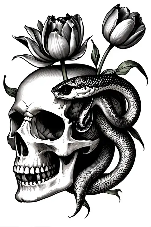 A Tulip Growing From A Skull And A Snake In The Skull's Eye Socket