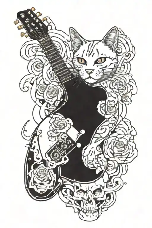 A Cat Playing An Electric Guitar Surrounded By Musical Notes And A Skull In The Background