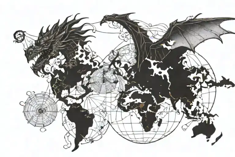 Dragon Flying Over A Map Of The World Map