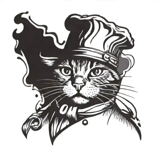 A Tattoo Design Of A Cat Wearing A Chef's Hat Cooking In A Kitchen
