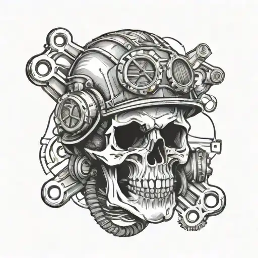 Skull In A Mechanic's Helmet And A Caution Stress Sticker On The Helmet