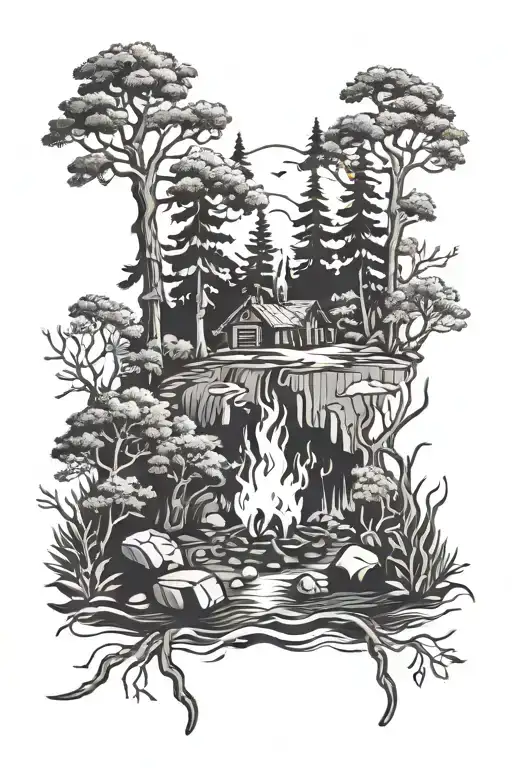 Forest With A Campfire And River Flowing
